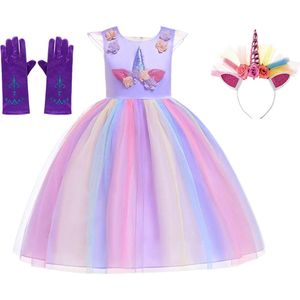 Het Betere Merk Unicorn jurk - Prinsessenjurk meisje - verkleedkleren meisje - maat 134/140 - Eenhoorn - haarband