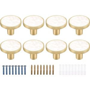 8 STKS marmeren messing kastknoppen ronde ronde witte lade handvat trekt decoratieve witte moeder kast knoppen gouden dressoir knoppen keukenmeubilair hardware kleding haken parel (8, stijl A)