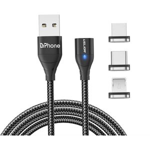 DrPhone USLION 3 in 1 Magnetische Gevlochten 3A USB-C/Lightning/Micro USB Kabel - Oplaadkabel - Qualcomm 3.0 – Data + Oplaad - 2 Meter - Zwart