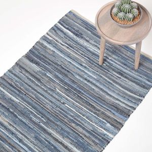 Homescapes Handgeweven blauw denim gestreept Chindi vloerkleed 70 x 120 cm