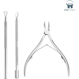 LifeStages - Nagelriem Knipper - Huidetang met Nagelriemschuiver - Roestvrij Staal - Nagelriemverwijderaar en Cutter - Beauty-gereedschap voor Vingernagels en Teennagels - Zilver