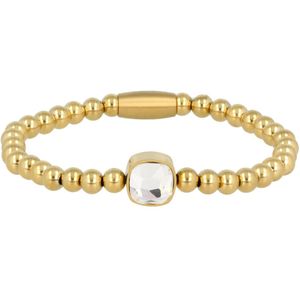 *Elastische armband met witte kristal glazen bedel - Dames armband - goud - met witte kristalglazen bedel - Met luxe cadeauverpakking