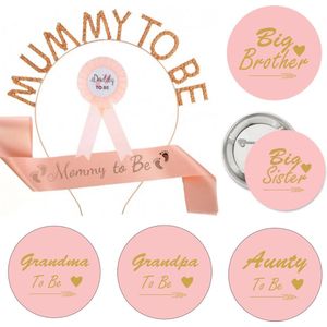 Babyshower set met sjerp, diadeem, rozet en buttons rosé goud 8-delig - babyshower - genderreveal - sjerp - button - zwanger - geboorte
