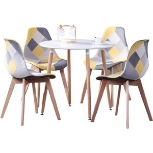 J&R Eettafel Set - Eethoek - Eetkamerstoelen - Stoelen - Eettafel - 4 stoelen - Patroon - Geel/Grijs/Wit