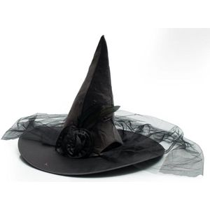 Partychimp Heksenhoed met Bloemdecoratie en Tule voor bij Halloween Kostuum Dames Carnavalskleding Dames - Polyester - Zwart