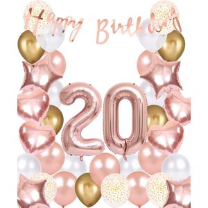 Snoes Ballonnen 20 Jaar Rose Gold White Dots - Compleet Feestpakket met cijfer ballon 20 Jaar - Verjaardag Versiering Slinger Happy Birthday – Folieballon – Latex Ballonnen - Helium Ballonnen - Rose Feestpakket