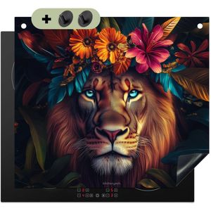KitchenYeah® Inductie beschermer 58.3x51.3 cm - Leeuw - Bloemen - Dieren - Kleurrijk - Kookplaataccessoires - Afdekplaat voor kookplaat & Spatscherm achterwand - Inductiebeschermer - Inductiemat - Inductieplaat mat - Keuken decoratie