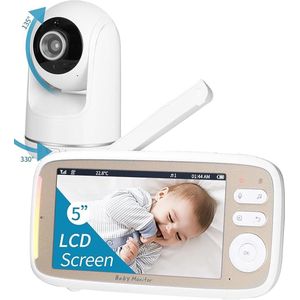 babyfoon, babyfoon met camera 5'' 720P HD, video babyfoon camera en audio babyfoon met Vox functie, PTZ 330°/135°, 3×zoom, 2,4 GHz intercomfunctie, nachtzicht, temperatuurbewaking
