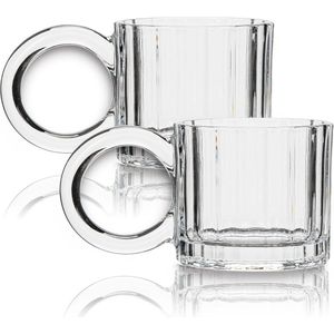 Espresso Cups Glass Coffee Mugs Set of 2 Clear Embossed Tea Cups Vintage Glassware with Handle - 8.4oz Capacity - Demitasse Glasses for Cappuccino Latte - Hot Drinkware (Vertical Stripes) Cappuchino glazen