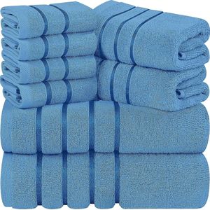 Elektrische Blauwe Handdoekenset 8 - Stukje, Viscose Streep Handdoeken - Ring Gesponnen Katoen - Sterk absorberende Handdoeken (Pakket van 8)