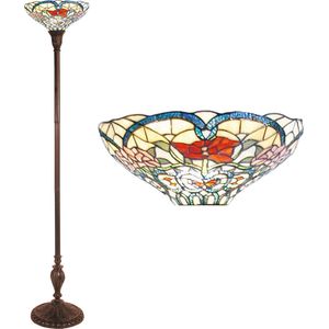 LumiLamp Tiffany Vloerlamp Ø 35x180 cm Beige Rood Glas Driehoek Bloemen Staande Lamp