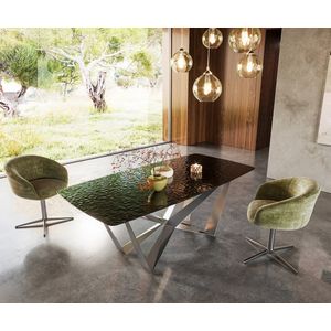 Eetkamertafel Edge Boot Glas smelten rokerig zwart 3D-Relief 200x100 spider vlak staal RVS