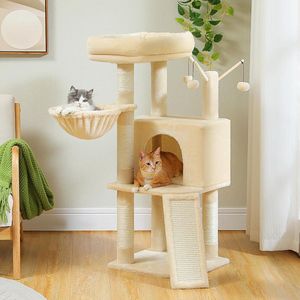 Krabpaal, kattentoren met meerdere verdiepingen voor huiskatten, kattenklimboom met sisal bedekte krabpalen, diepe hangmat en interactief kattenspeelgoed (beige)