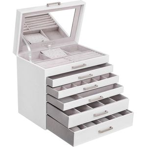 Sieradendoos, groot, 6 niveaus, met laden en spiegel, voor armbanden, oorbellen, halskettingen, ringen, horloges, zonnebrillen, kerstcadeau, wit