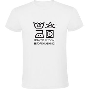 Persoon verwijderen voor het wassen Wasvoorschrift Heren T-shirt | Was | Voorschrift | Kleren | Kleding | Wasmachine | Schoonmaker | Wassen | Schoonmaakster | Shirt