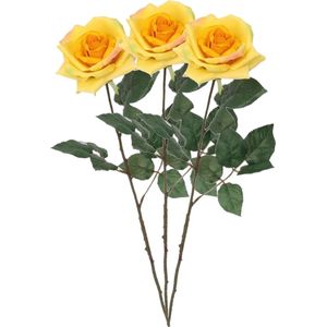 Mica Decorations Kunstbloem roos Emily - 3x - geel - 66 cm - kunststof steel