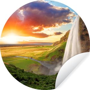 Behangcirkel - Waterval - Rots - Zonsondergang - Zelfklevend behang - 80x80 cm - Behangsticker - Behang cirkel - Behang zelfklevend - Wanddecoratie rond