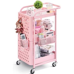 Trolley, 3-laags rollende trolley , metaal , keukentrolley , slank , multifunctionele trolley voor keuken en cosmetica, planktrolley met geperforeerde plaat, wielen, haken, manden, handvatten, vergrendelbare wielen.