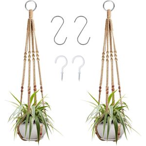 Plantenhangers - Set van 2 - Hangende plantenhouder voor binnen en buiten - Macramé hangende plantenmand met 4 haken (90 cm)