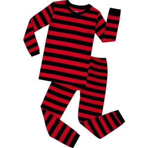 Elowel - Jongen en Meises Gestreepte Pyjama, 2 Delig, 100% Katoen, Comfortabel, Slim fit Broek | 4 Jaar | Rood en zwart