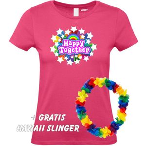 Dames T-shirt Happy Together Stars | Love for all | Gay Pride | Regenboog LHBTI | Fuchsia dames | maat M