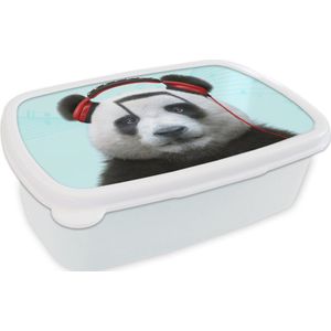 Broodtrommel Wit - Lunchbox - Brooddoos - Panda - Koptelefoon - Dier - Muzieknoten - Rood - 18x12x6 cm - Volwassenen