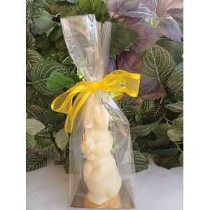 Mooie chocoladefiguur Lachend konijn in witte chocolade 100g 17cmH in geschenkverpakking