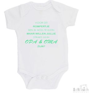 100% katoenen Romper ""Voor dit rompertje ben ik nog te klein maar willen jullie straks mijn opa & oma zijn"" Unisex Katoen Wit/mint Maat 62/68