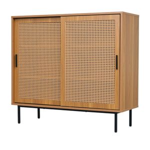 Buffetkast rotan Keukenkast, bruin dressoir, opbergkast met schuifdeuren en verstelbare plank, bijzetkast, woonkamer of eetkamer,B100/H90/D37 cm