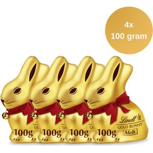 Lindt GOLD BUNNY 4x100 gram Multi-Pack - Melkchocolade Paashaas - Pasen Chocolade - Pasen Cadeau