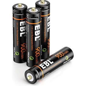 EBL 4-Pack Oplaadbare Batterijen AAA - Rechargeable 900 mWH AAA Batterij met 2x 2in1 Oplaadkabel - Lithium Micro USB Batterijen