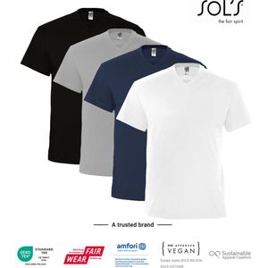 4 Pack SOLS V-hals, Heren T-Shirt 100% katoen V-hals, Zwart, Wit, Lichtgrijs gemeleerd, Donker Blauw Maat 3XL