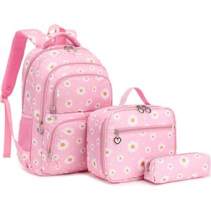 Ultiluxe® Rugzak met bloemen 3 stuks - Roze/wit - 30 x 17 x 44 cm - Rugtas, lunchtas, etui - 15.6 inch laptoptas - Schoolrugzak voor kinderen - Meiden school tassen set - 22 L - Schooltas voor meisjes - Madeliefjes schoolrugtas