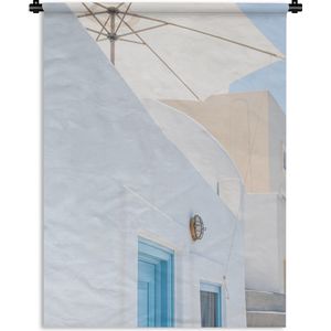 Wandkleed - Wanddoek - Architectuur - Parasol - Deur - Wit - Blauw - 120x160 cm - Wandtapijt