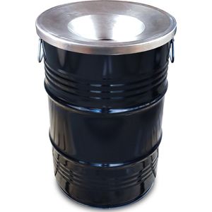 BinBin Small 60 liter industrieel olievat prullenbak met vlamwerend deksel 40x40x58cm zwart/zilver Branddovend deksel