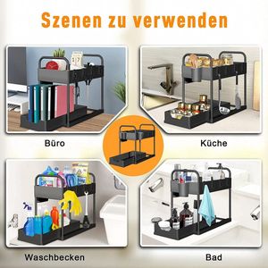 2 etages onder wastafel, organizer met 4 haken en 2 kopjes, keukenkastrek, keukenorganizer, werkblad rek met schuiflade, onderkastrek, kruidenrek