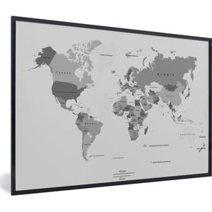 Fotolijst incl. Poster Zwart Wit- Wereldkaart op een lichtgrijze achtergrond - zwart wit - 120x80 cm - Posterlijst