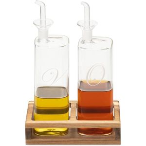 Set van oliefles en azijnfles - Twee navulbare flesjes met schenktuit - Glazen flessen met dispenser voor azijn en olie - In houten houder