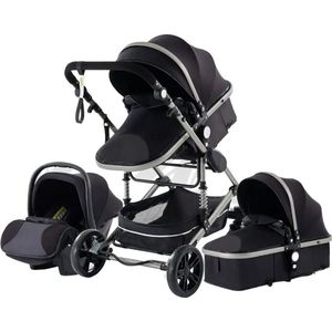 Luxe Kinderwagen 3 in 1 - Wandelwagen Baby - Kinderwagen Inclusief Autostoeltje - Buggy met Wieg - Wandelwagen - Zwart met Zilver