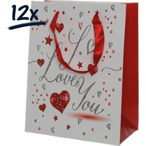 12x Stevige draagtassen LOVE Valentijn kerst liefde (23x18x10)cm zak cadeautasje gift bag  verpakking