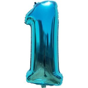 Cijfer ballon 1 jaar Babydouche - Blauw Folie helium ballonnen - 100 cm - blauwe Verjaardag versiering