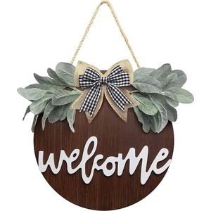 Bastix - Welkomstbord van hout, slinger, welkomstbord, deurkrans, kunstbloemen, deurkrans, houten bloem, welkomstbord, decoratie, voor huisdeur, wanddecoratie (bruin)