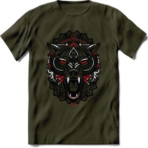 Wolf - Dieren Mandala T-Shirt | Rood | Grappig Verjaardag Zentangle Dierenkop Cadeau Shirt | Dames - Heren - Unisex | Wildlife Tshirt Kleding Kado | - Leger Groen - XL