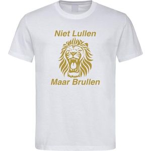 Wit WK 2022 voetbal T-shirt met “ Niet Lullen Maar Brullen “ print goud maat XXXL
