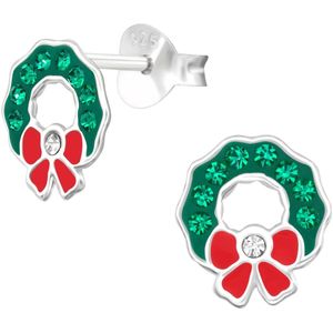 Joy|S - Zilveren kerst oorbellen - kerstkrans - 7 x 8 mm - groen met rood - kristal - krans kinderoorbellen