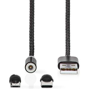 Nedis USB-Kabel - USB 2.0 - USB-A Male - USB Micro-B Male / USB-C Male - 10 W - No Data Transfer - Vernikkeld - 2.00 m - Rond - Nylon - Zwart - Doos