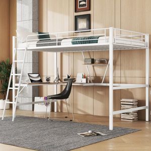 Hoogslaper, 90x200cm bedframe metalen bed, ijzeren bed, hoogslaper met L-vormig bureau en een plank voor kinderen, tieners en volwassenen, zonder matras, wit