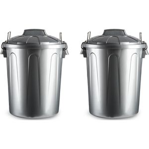 2x stuks kunststof afvalemmers/vuilnisemmers zilver 21 liter met deksel - Vuilnisbakken/prullenbakken - Kantoor/keuken