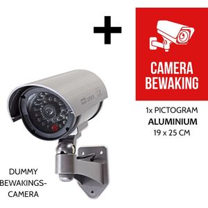 Dummy Beveiligingscamera Pack + Pictogram ""Camera bewaking"" in aluminium | Waterdichte behuizing voor gebruik buitenshuis | Incl. AA batterijen