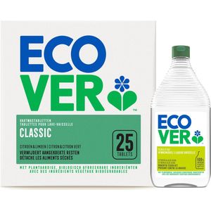 Ecover Vaatwastabletten Voordeelverpakking CLASSIC 12 x 25 Stuks JAARBOX + 950ML Gratis Afwasmiddel Sensitive - Voordeelbox - Citroen & Limoen Geur